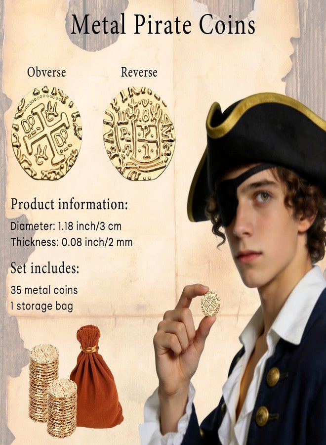 v2croft 35 Metal Pirate Coins Gold, Gold Treasure Coin Set, Metal Replica Spanish Doubloons for Board Games Tokens, Kids Cosplay Pirate Party Treasure Chest Coin (1.18'') - Image 2